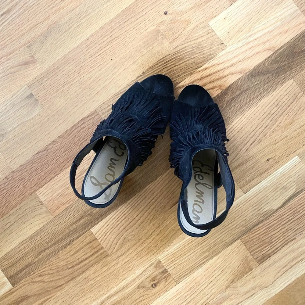 Sam Edelman Black Suede Fringe Heels - Picture 1 of 4
